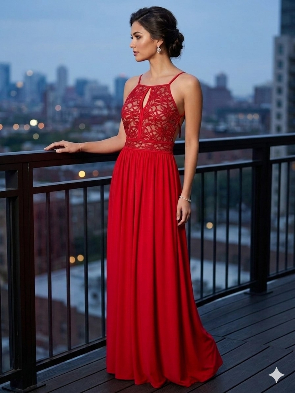 Nightway Formal Red Lace Illusion Halter Neck Evening Gown Dress Sz 8